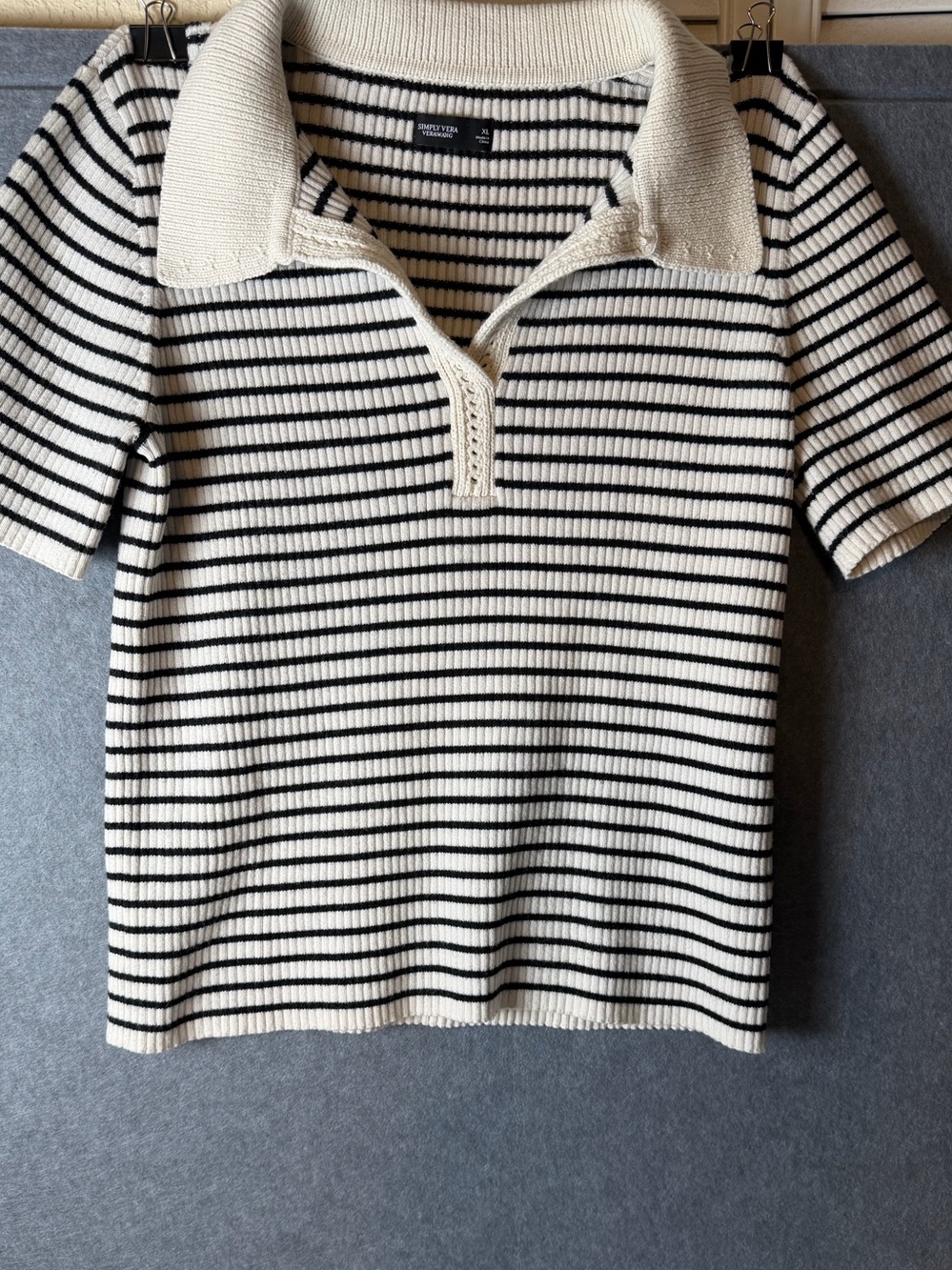 Coastal Grandmacore Simply  Vera Vera Wang XL Striped Ribbed Knit Polo Sweater